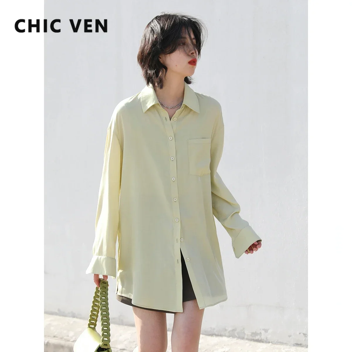 

CHIC VEN New Women Blouses White Solid Long Sleeve Loose Casual Female Shirts Medium Length Ladies Top Spring Summer 2026