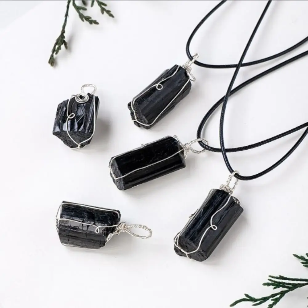 Irregular Shape Natural Black Tourmaline With Silver Wire Rough Black Tourmaline Pendant Natural Raw Stone Necklace Pendant