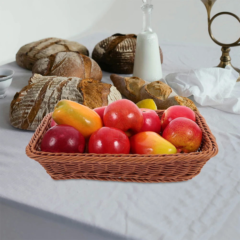 

Space-Saving Rectangular Plastic Rattan Woven Bread Basket Multi-Functional Storage Organizer For Kitchen Home Use Fruit