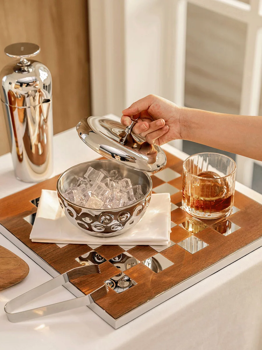 Double Layer Stainless Steel Ice Bucket with Lid, Apple Shape Ice Bucket with Tong, MIrror Finish, Luxury Bar Accessories