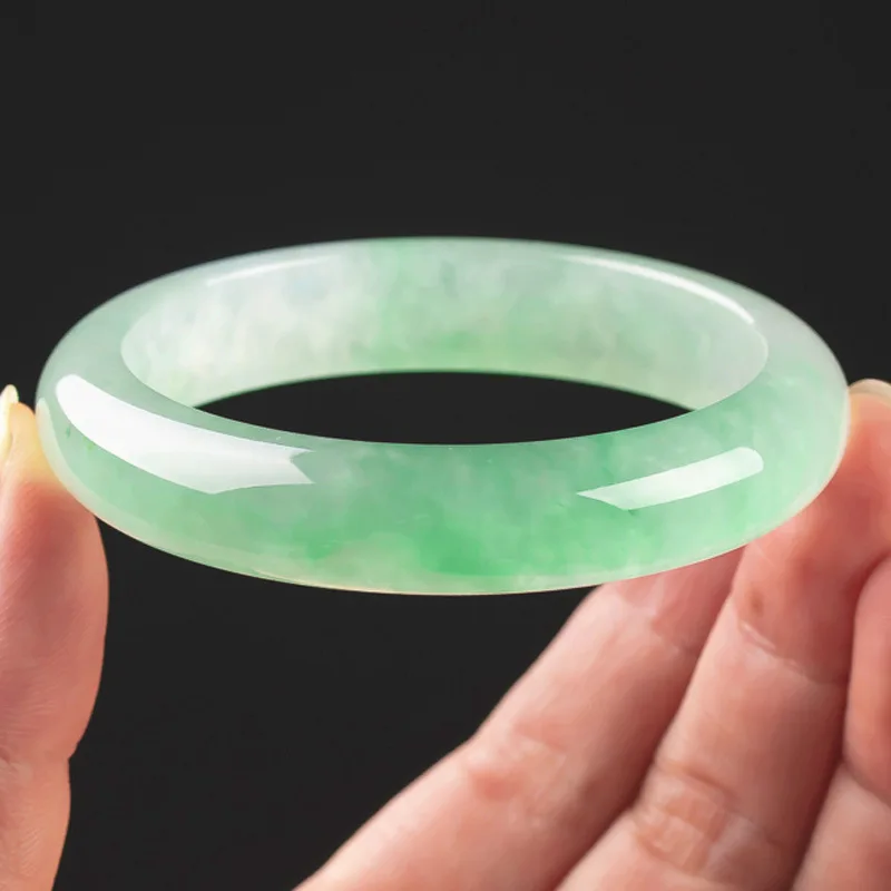 Myanmar Old Mine Ice Jadeite Green Jadeite Bangle, Regular Circle, Noble Lady Style, Women's Ice Jadeite Wide Jadeite Bracelet