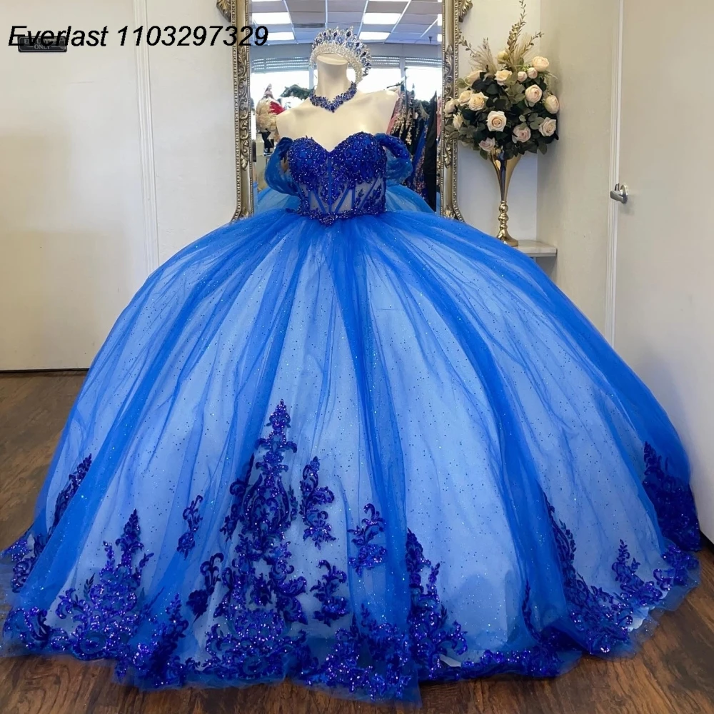 EVLAST personalizado azul Vestido para quinceañeras Vestido De baile brillante Apliques De encaje con cuentas corsé De cristal dulce 16 Vestido De 15 Anos QD1007