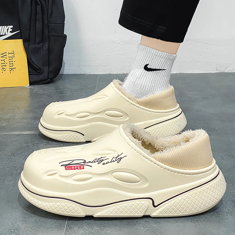 

Зимние мужские тапочки, теплые меховые тапочки, мягкая домашняя хлопковая обувь для спальни, шлепанцы из пуха ЭВА, повседневные удобные плюшевые сабо ﻿