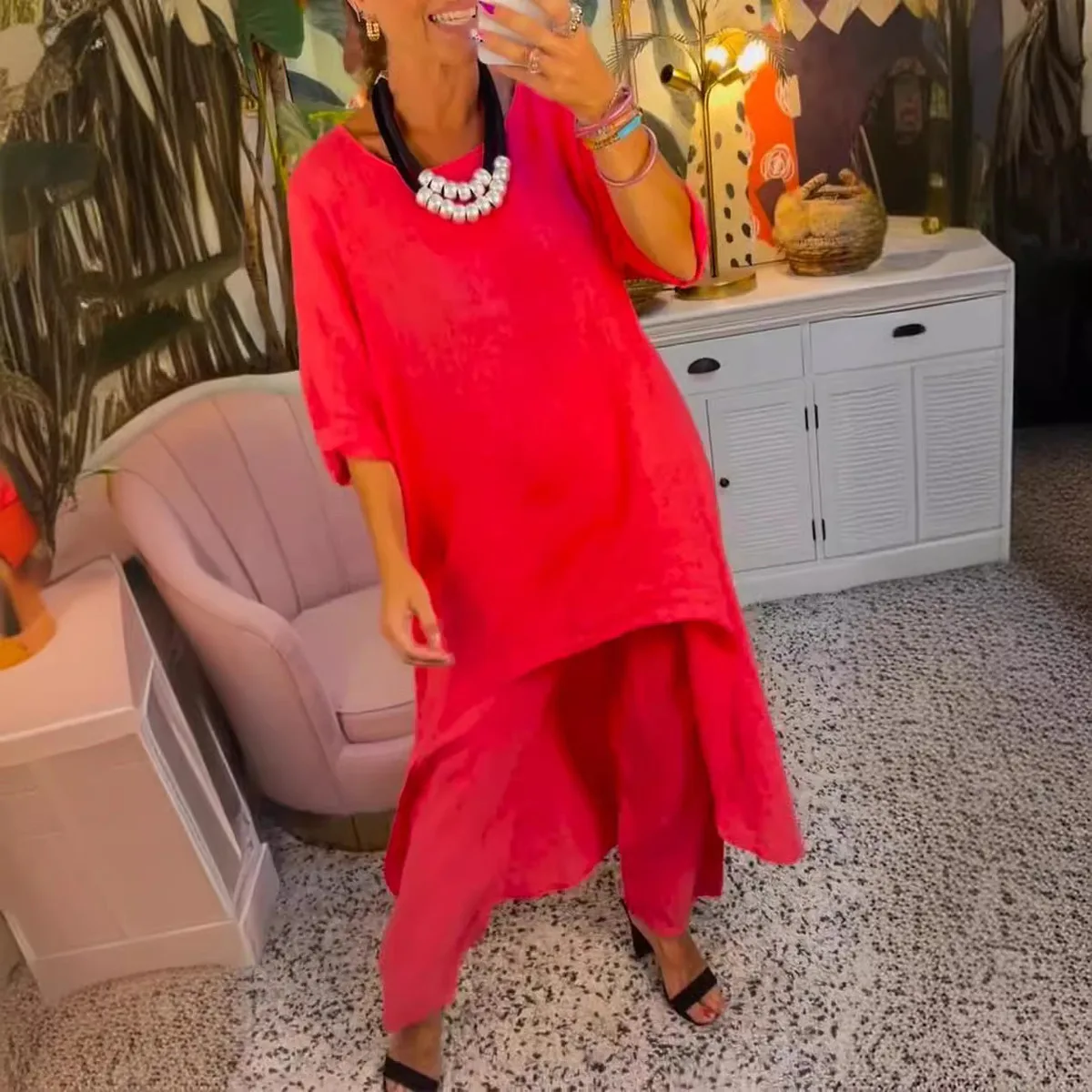 

Новинка 2025, летний однотонный асимметричный повседневный комплект из хлопкового льняного штана девяти длины, женский модный ансамбль