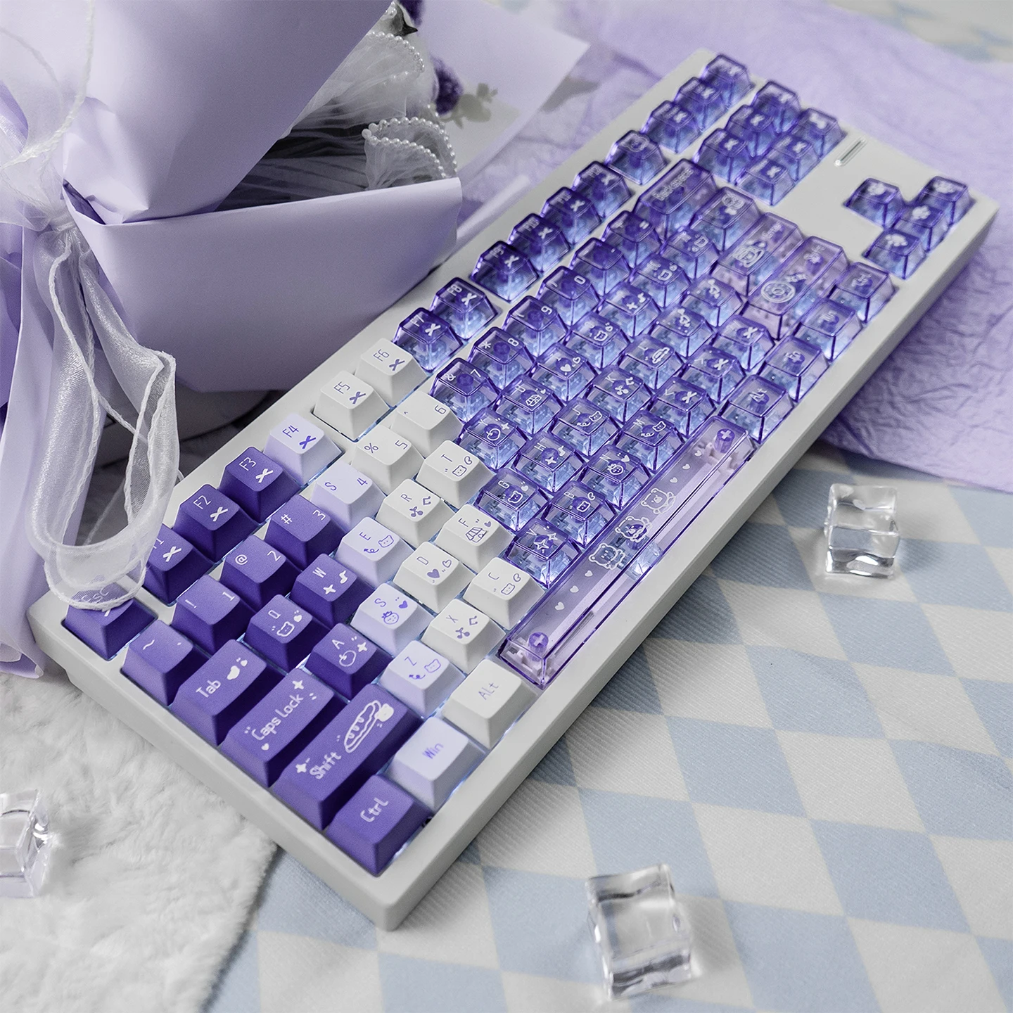 150 Keys Gradient Purple Keycap RGB Transparent Cute Style PC+PBT Keycaps Cherry Profile Dye-Sub Keycaps For Mechanical Keyboard