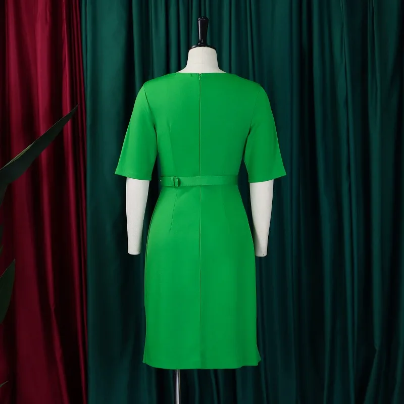 2025 New Women Elegant African Short Sleeve Fold Party Evening Black Midi Dress with Belt Office Lady Work Ankara Party Vestidos