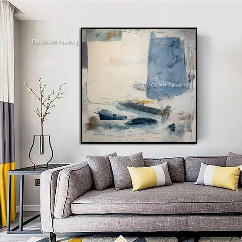 Blue Cream Geometric Abstract Thick Oil Painting Handpainted Original Impasto Canvas Wall Art For Home Decor