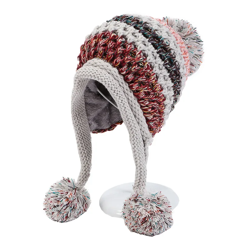 Donne inverno peruviano copertura orecchie berretto cappello paraorecchie Sherpa sci neve cappelli maglia foderato in pile 3 Pom Pom