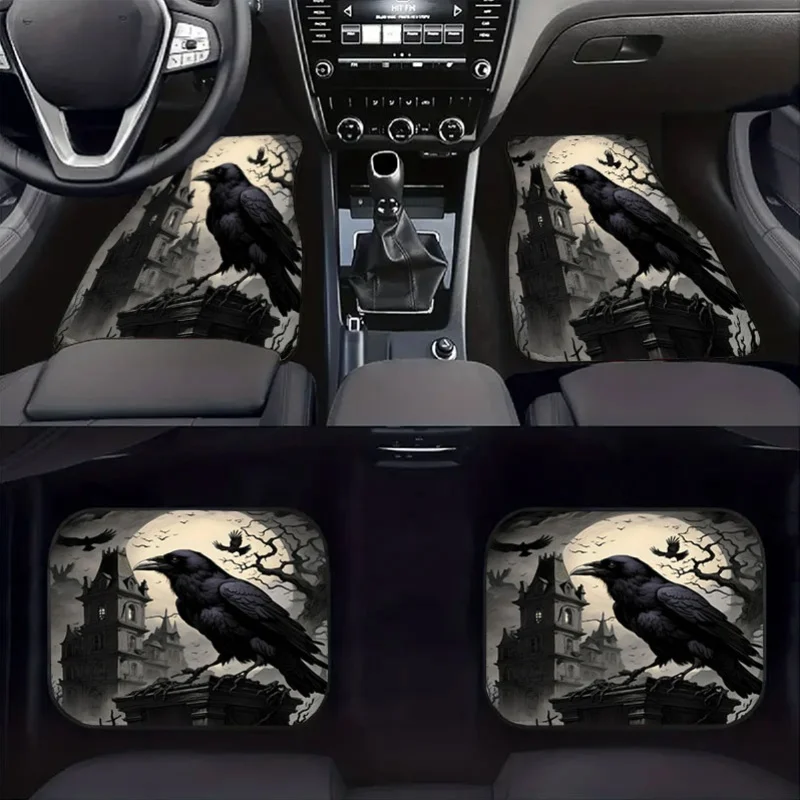 4pcs Mysterious Raven Castle Themed Car Floor Mat Set - Gothic Black & Golden Luxury Crystal Velvet Anti-Slip Design, Full Cover