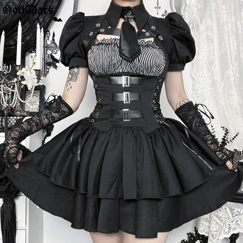 

Goth Dark Skinny A-Line Mini Dress for Women Gothic Outfits Sleeveless Dresses Punk Cropped Tops Mall Goth Halloween Cosplay