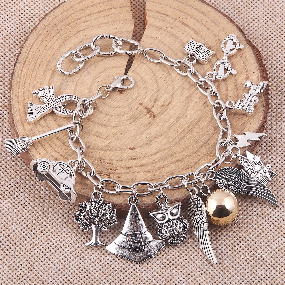 Movie Cosplay Bracelet Hogwarts School Badge Horcrux Deathly Hallows Golden Snitch Charms Bangle Bracelets for Women Men Jewelry