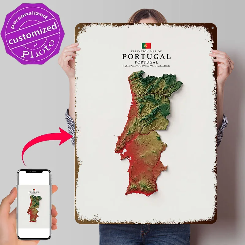 Elevation Map of Portugal Personalized 3D Textured Metal Poster Wall Art Vintage Tin Signs for Room Decorations Man House Decor