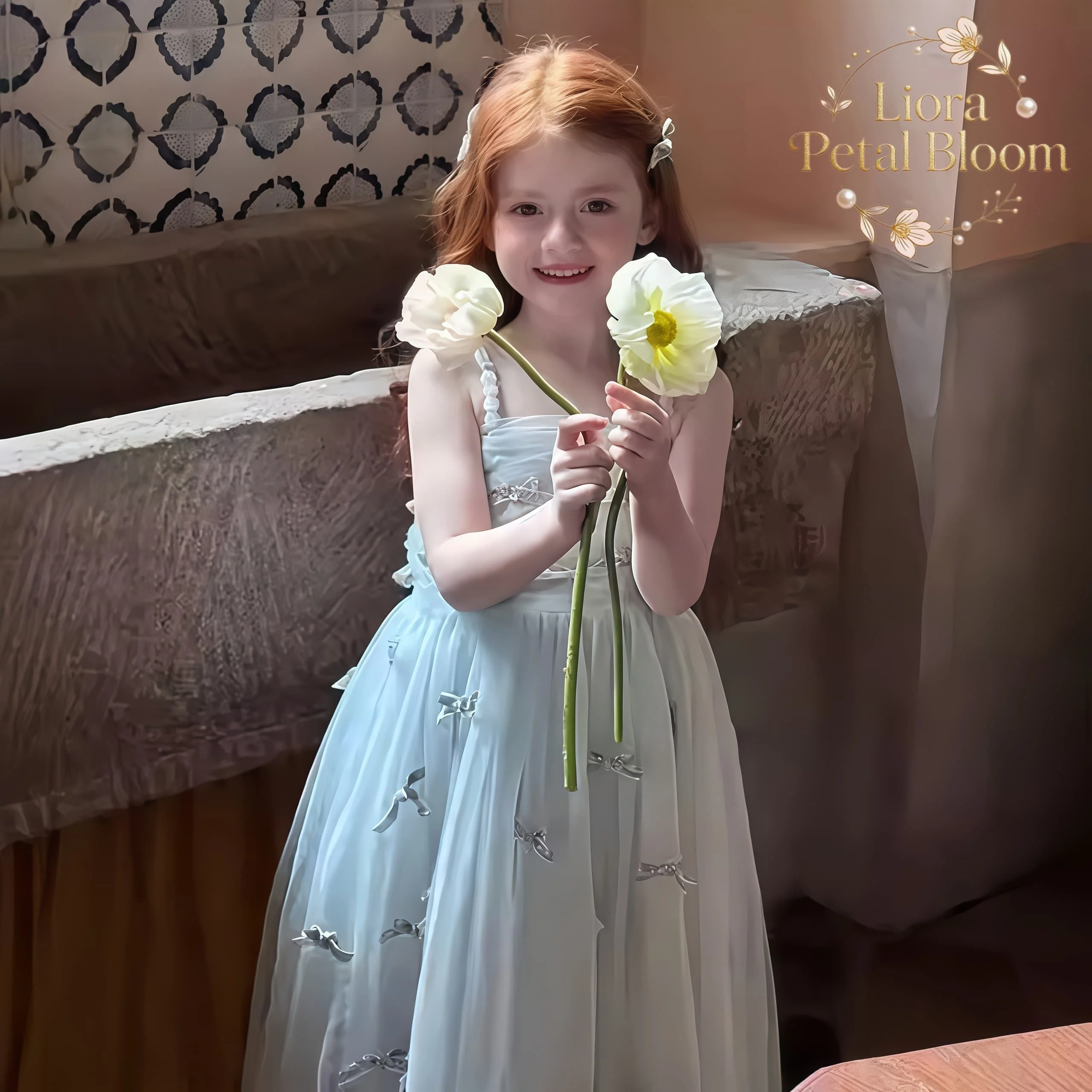 Girls' Blue Bow-Accent Dress Girls' Exquisite Formal Dress Spaghetti-Strap Flower Girl Gown Flower Girl Attire