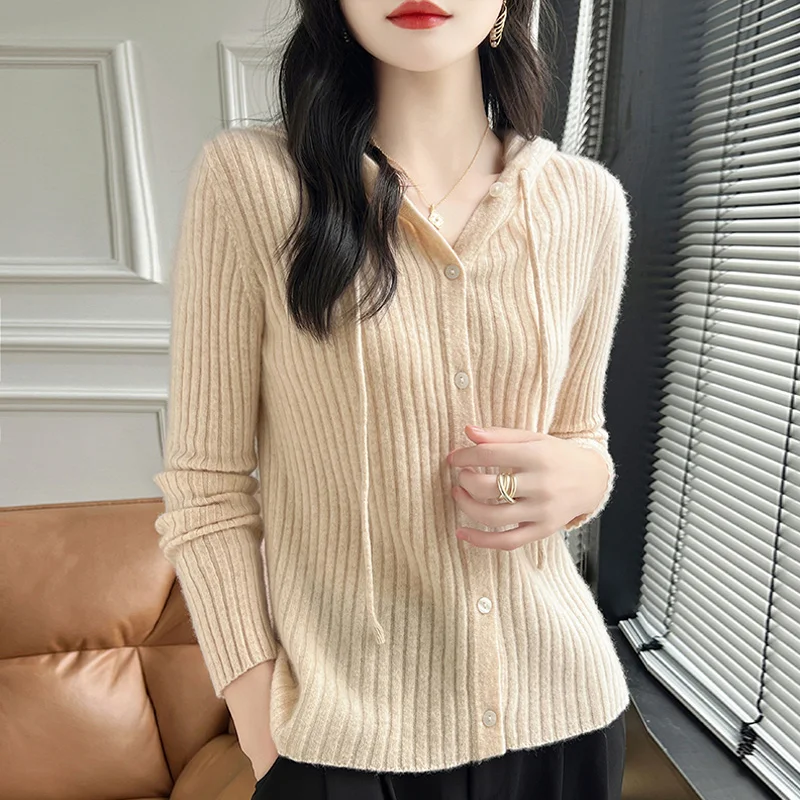 

2024 Autumn and Winter New Hooded 100% Pure Wool Cardigan Women's Knitted Hooded Sweater Pit Strip Loose Long Sleeve Casual Coat