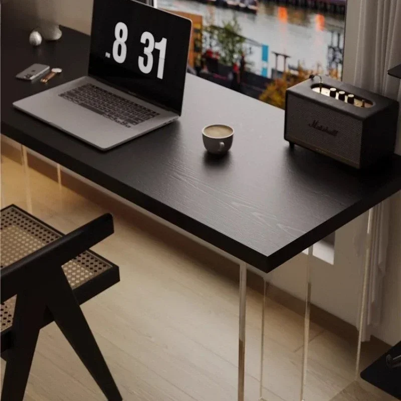 Black all-solid wood acrylic suspension study desk, desktop computer double office wabi-sabi wind e-sports table