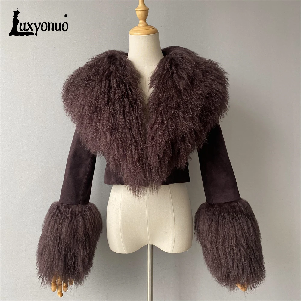 Luxyonuo jaqueta feminina de couro de camurça real luxo grande gola de pele de ovelha mongol e punho senhoras outono inverno moda casaco quente