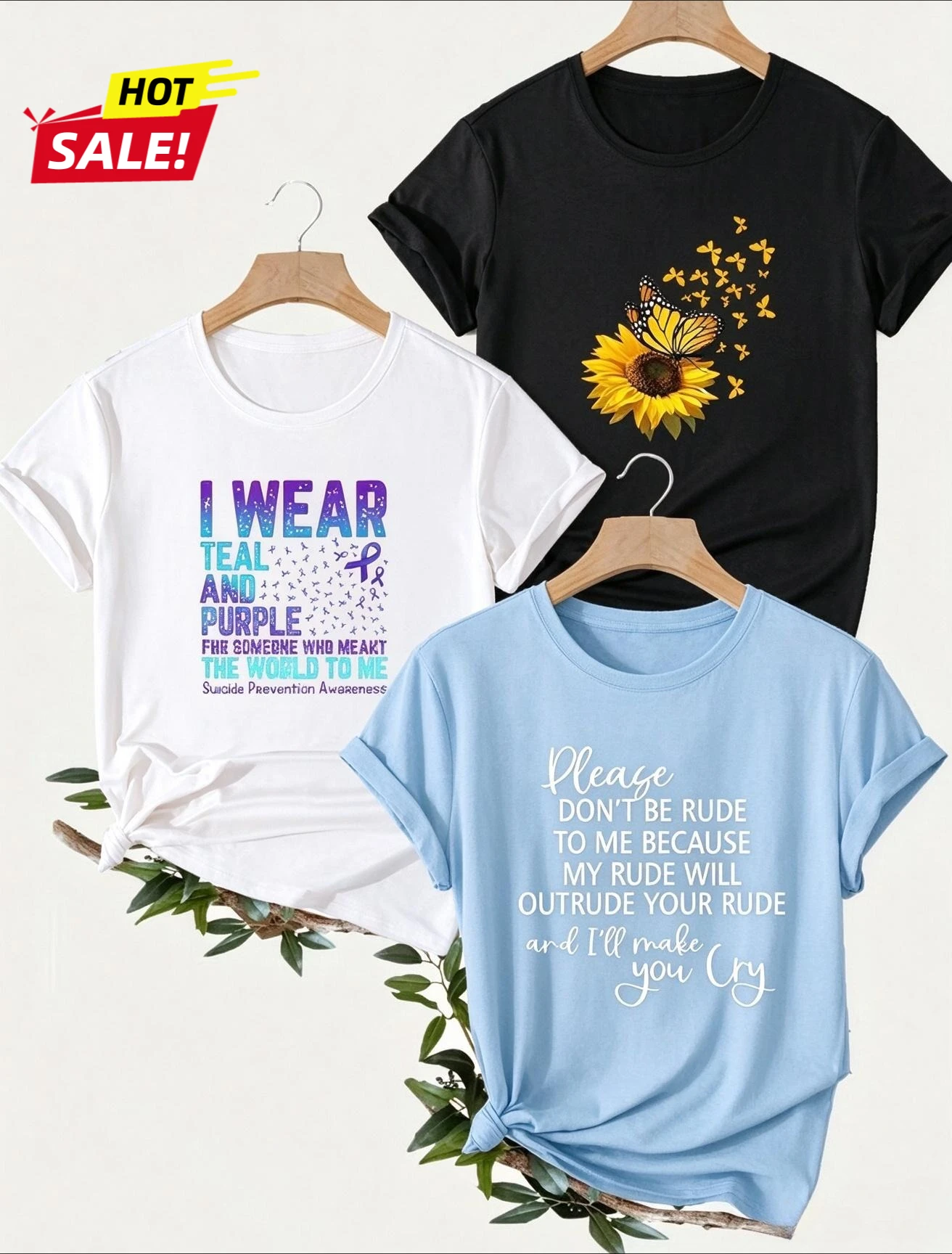 3 Pack Women Shirts Funny Slogan Tee Suicide Prevention Awareness Ribbon Sunflower Butterfly Printed Graphic T Shirts Multi Pack Top
