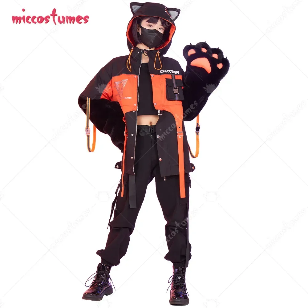 Miccostumes Women Hooded Jacket and Detachable Skirt Set Motorcycle Suit Style Clubwear with Furry Cat Paw Bag Cosplay Costume