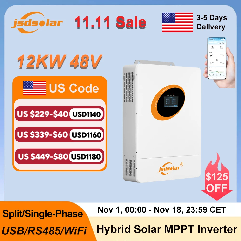 Jsdsolar 12KW 48V Hybrid Solar Inverter 120/240VAC Pure Sine Wave Single Phase Split Phase PV Inverter MPPT 160A Remote Communication USB RS485 PV 500VDC Parallel Inverter For Off/On Grid Solar Systems