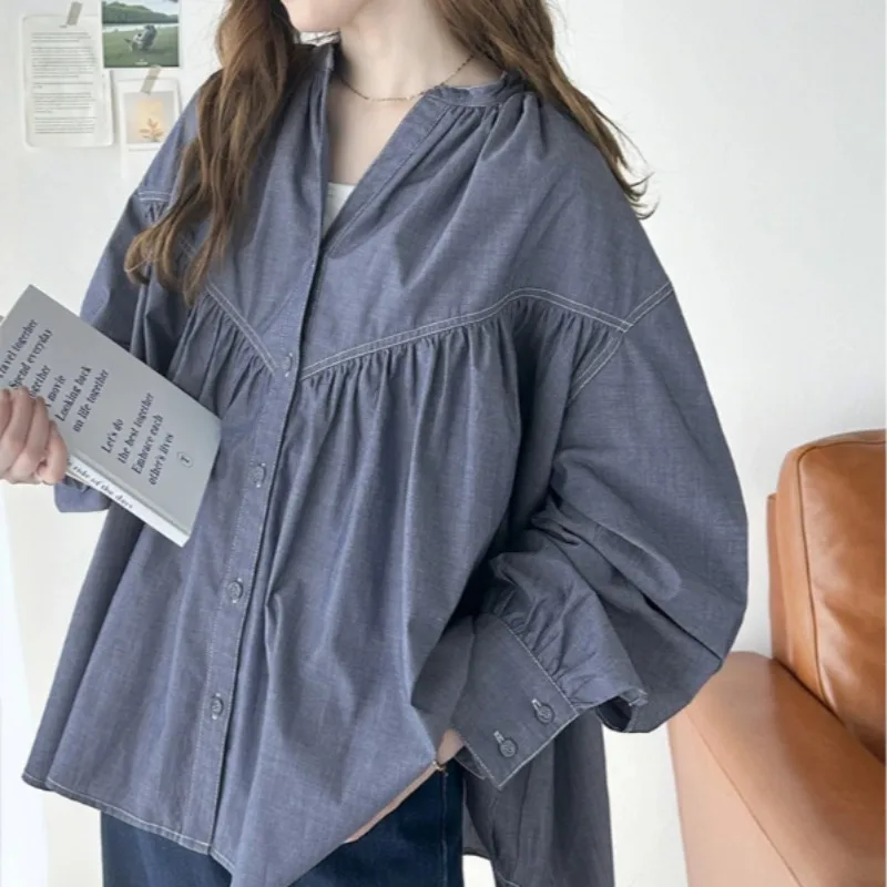 

Корейская женская рубашка свободного кроя с длинными рукавами в стиле пэчворк, весенняя, с дизайном Agel, из полиэстера