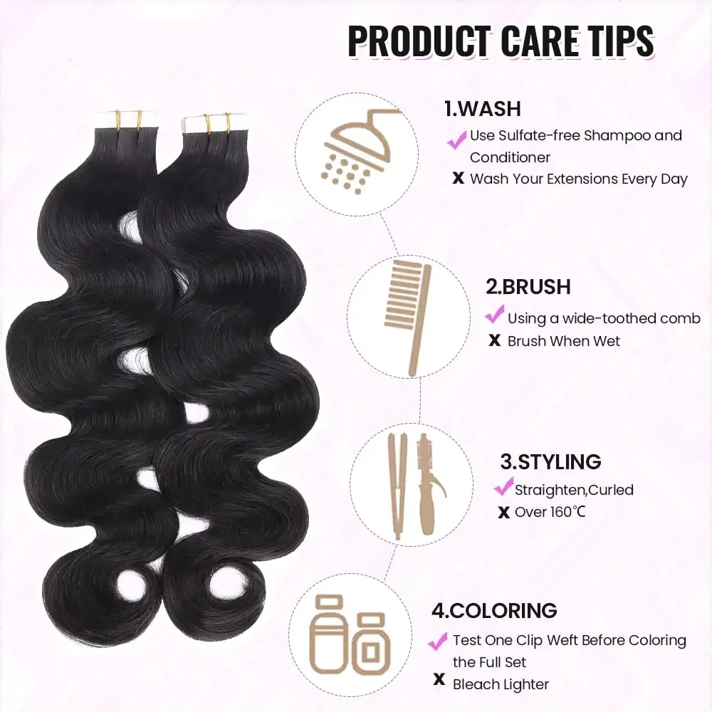 Body Wave in Hair Extensions Double Sided #1B Human Hair Tape in Hair Extensions Curly Wave for Women 20pcs/Pack 50g