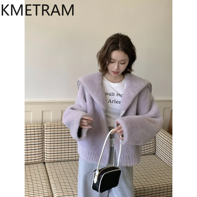 

KMETRAM 100% Wool Coats Fashion Sailor Collar Short Sheep Shearing Jacket 55cm High Quality Winter Fur Coat Woman Clothing 2026