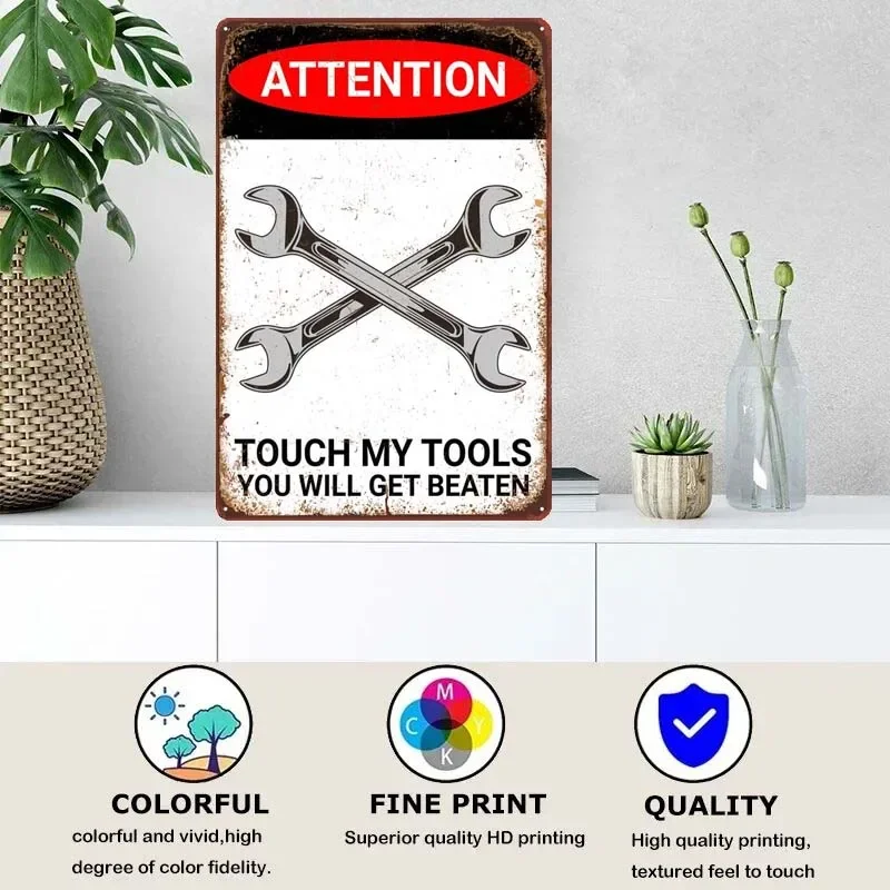 ATTENTION TOOLS GET BEATEN Sign Metal Wall Art Mural Vintage Garage Decoration Metal Signs Customized Home Decor Decor for Room