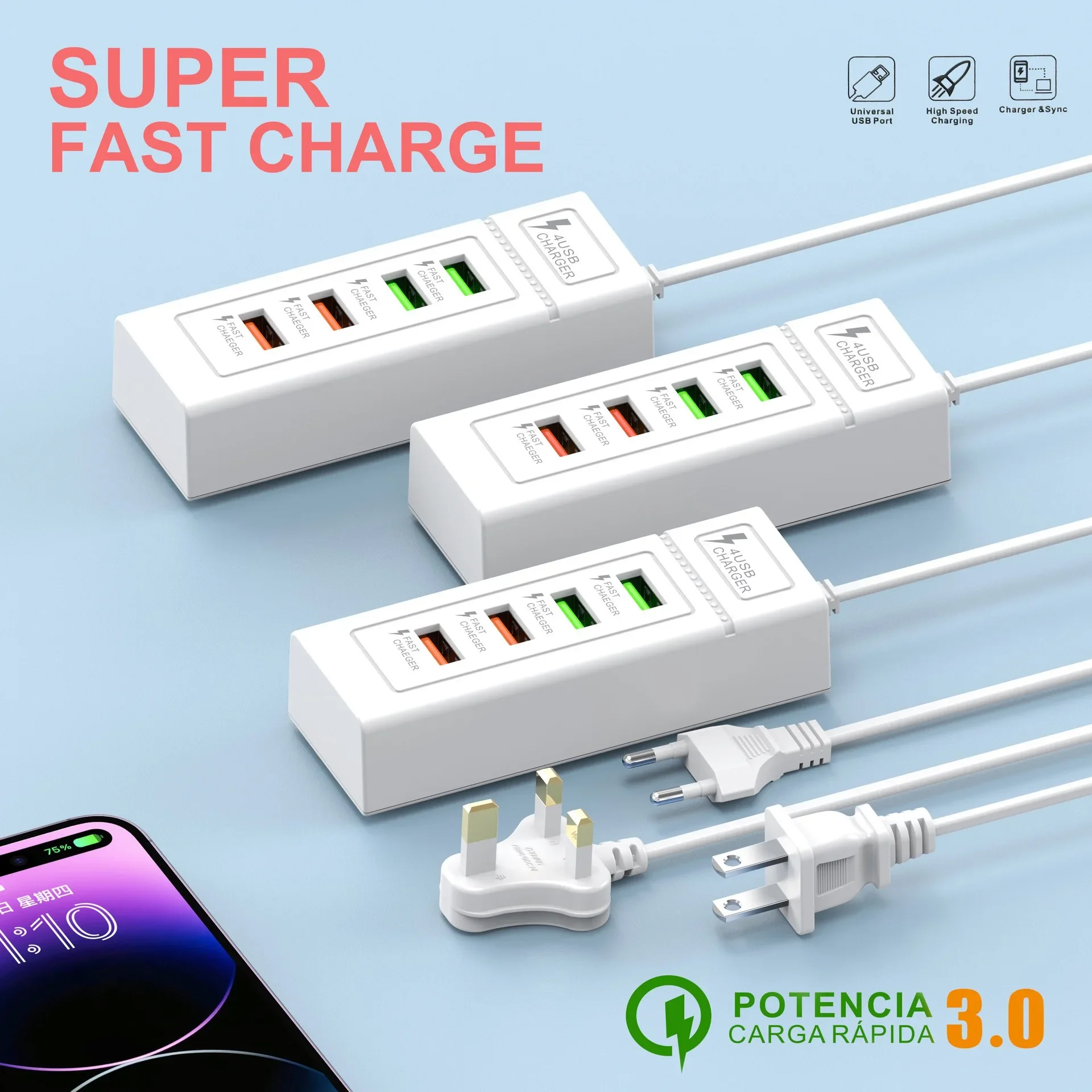 USB C Charger Power Strip Multi Ports Fast Charging Power Adapter Quick Charge 3.0 PD Type C Wall Charger Socket EU/US/UK Plug