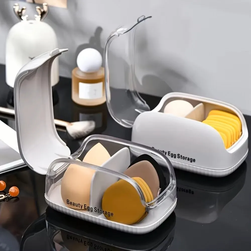 Transparent Lid Makeup Blender Dual Compartment Beauty Sponge Storage Box Holder Dustproof Divided Cosmetic Puff Organizer Case