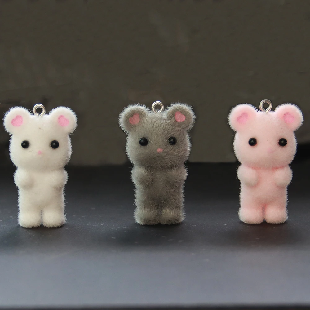 2PCS Mouse Pendant Kawaii 3D Fluffy Flocking Animal Mouse Charms Miniature Dolls Keychain Necklace Pendant DIY Jewelry Make