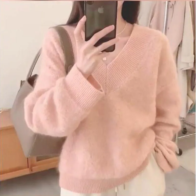 

2023 New Autumn Winter Pink Knitted Mohair Soft Pullover For Women V Neck Long Sleeve Imitation Mink Loose Ladies Sweater Tops