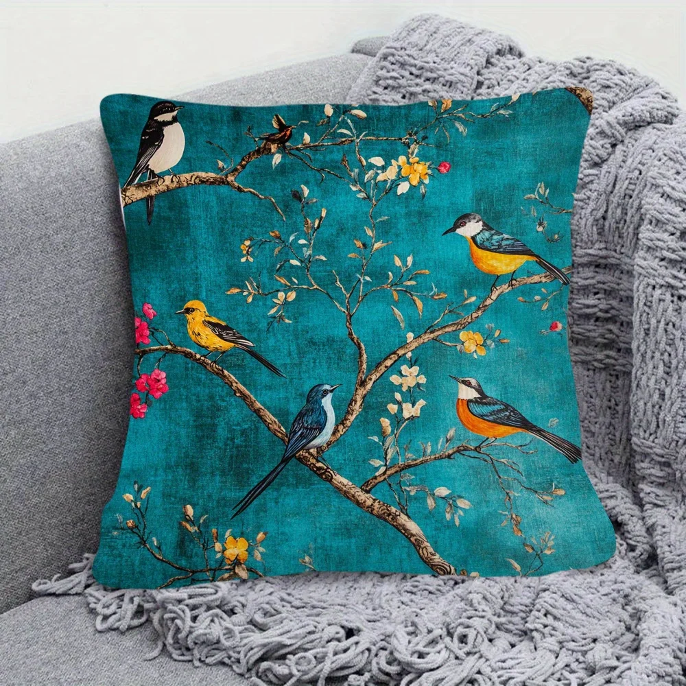 1pc Teal Chinese-Style Bird Cushion Cover Polyester Printed on One Side, Does with Zipper Closure Home Decor Pillowcase