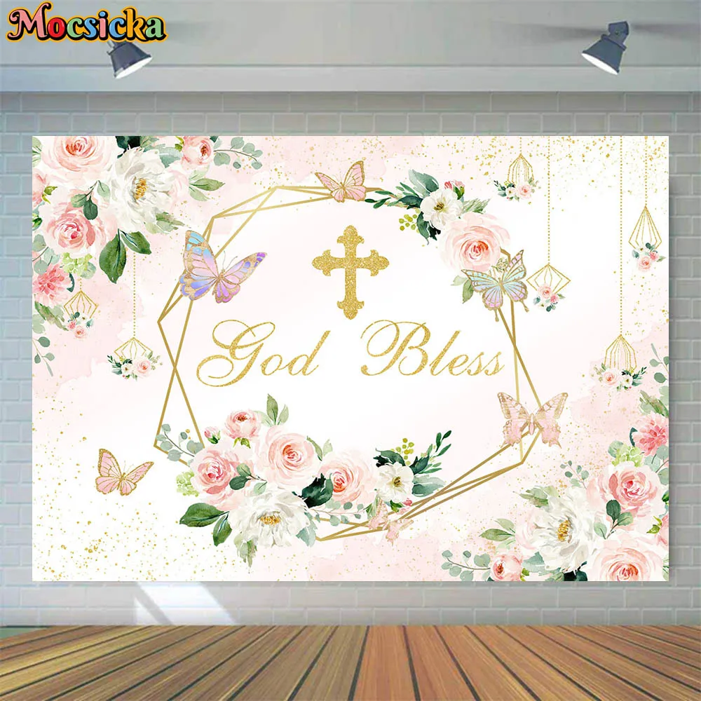 

Mocsicka Baptism Backdrop Baby God Bless You Cross Photography Background Girl First Communion Party Decor Pink Flower Butterfly