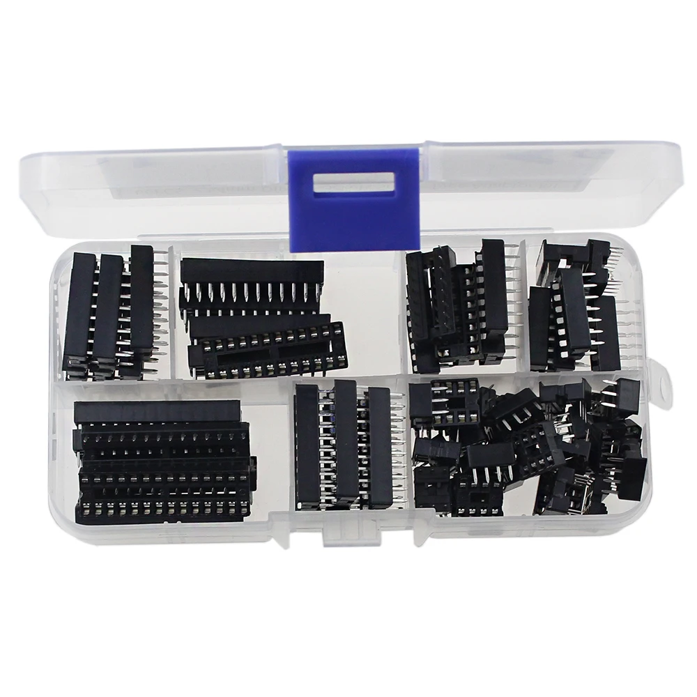 66Pcs DIP IC Socket Kit, Flat Pin 2.54mm Pitch 8 Specifications DIP6‑DIP28 IC Chip Base Assortment with Storage Box