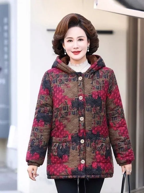 

High-End Fleece Lined Thick Cotton Jacket Women's Midlife Winter Clothes New Large Size Middle-Aged Women's Cotton Coat