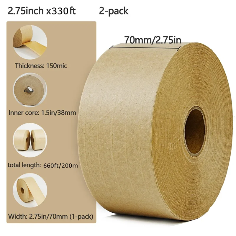 

ABJN-2-Pack Reinforced Water Activated Gummed Kraft Paper Tape, 2.75 Inch X 330 Ft, Total 660Ft, Writable Eco-Friendly