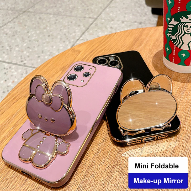 Redmi12 Make Up Mirror Rabbit Plating Phone Holder Case For Xiaomi Redmi 12 Note 12s 12 Pro Plus 4G 5G 12C Turbo Stand Cover