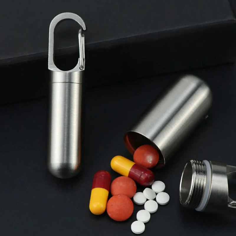 1Pcs Portable Mini Stainless Steel Sealed Capsule Waterproof Pill Box Camping Firstaid Pendant Travel Outdoor Portable Pill Case