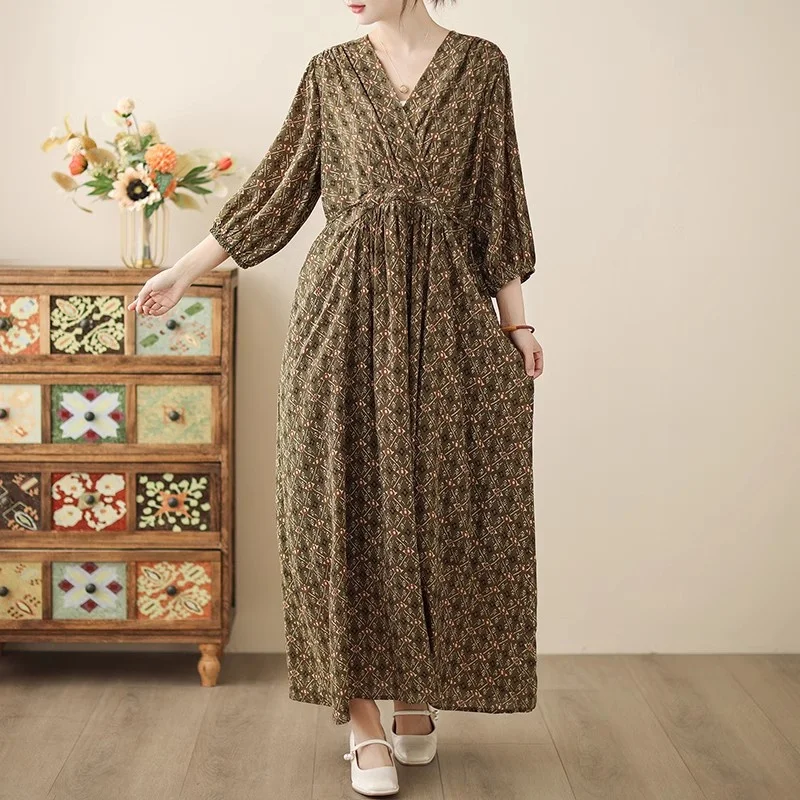 French Tea Dress SS2025 - Cross Collar Midi Sleeve Artistic Floral Print Bohemian Summer Dress with Seven-Panel Sleeve (G216)