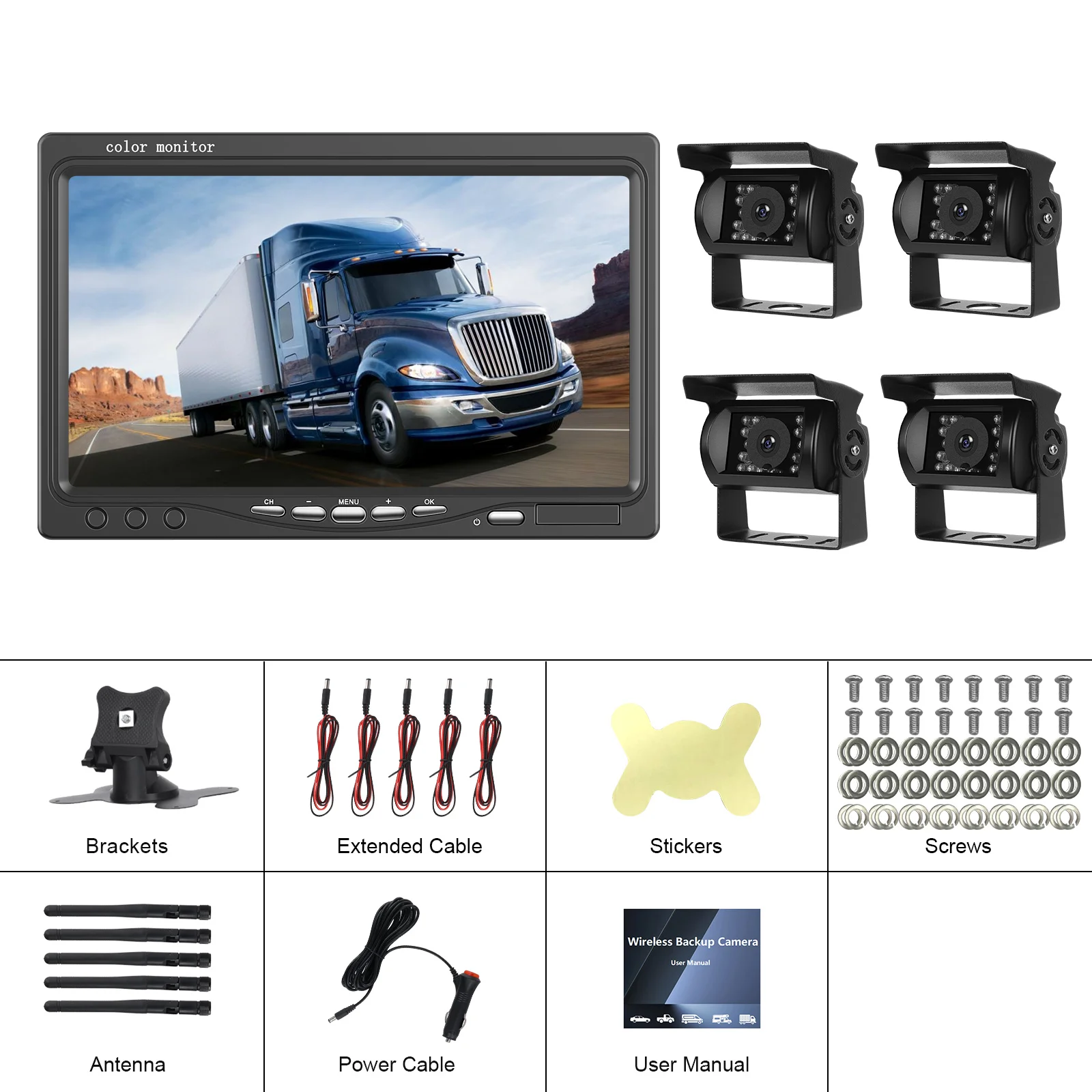 7 inch IPS-scherm Draadloze achteruitrijcamera IP68 Waterdichte nachtzicht achteruitrijcamera met 4 camera's BSD voor vrachtwagenbus