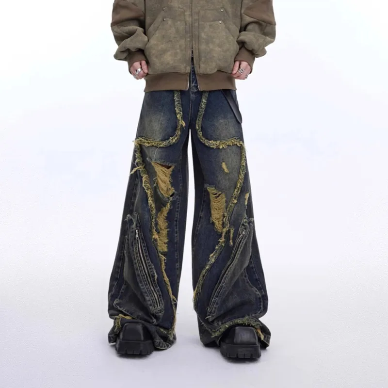 HKSH Autumn New Man Heavy Niche Deconstructed Tassel Ripped Jeans Retro Distressed Large Pockets Design Denim Cargo Pants HK8749