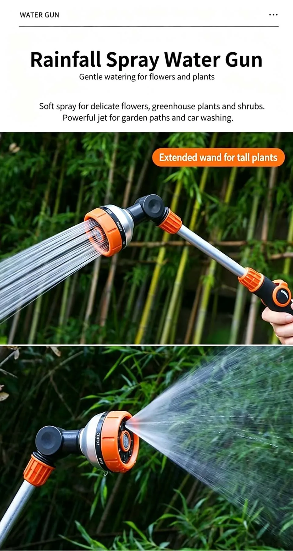 Multifunktionaler Gartenschlauch-Sprüher mit 8 Sprühmustern, ABS-TPR-Aluminiumlegierung, langer Düsenstab für Landwirtschaftliche Bewässerung und Autowäsche – Detail 3
