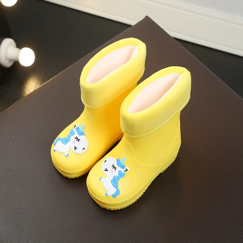 New Kids Rain Boots For Girls Rubber Rainboot Boys Baby Girls PVC Warm Children Waterproof Shoes Modis Cartoon Unicorn Removable