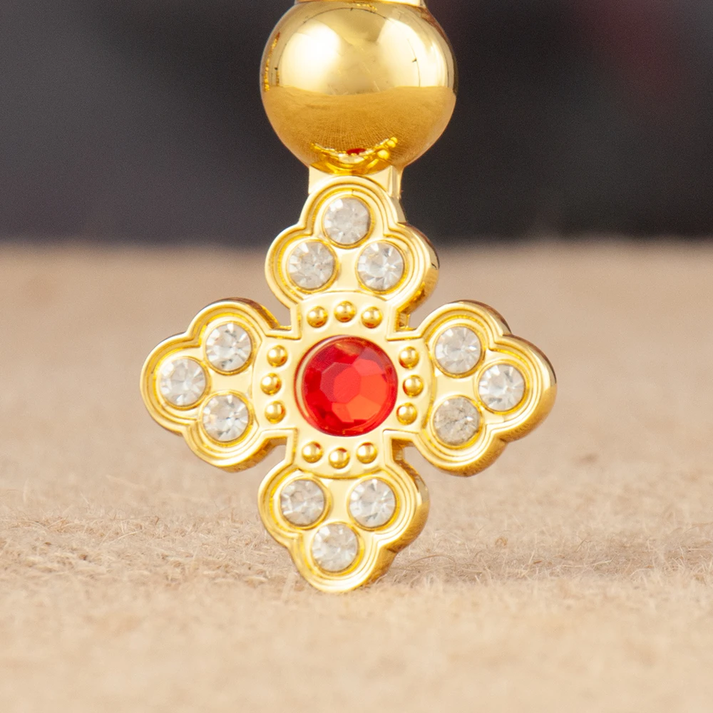 HTISOK Exquisite Jerusalem Pilgrim Cross Gold Religious Pendant with Red Gemstone Christian Symbol Jewelry for Church and Gift
