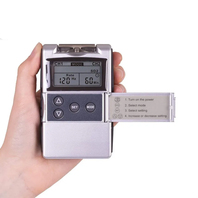 Dual-channel low-frequency physiotherapy device | Portable stimulator with LCD screen and multiple electrode pads