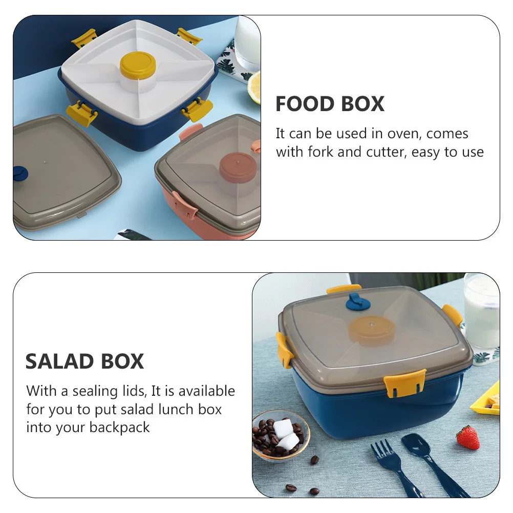 

1 set Bento Box With Fork Cutter Portable Salad Lunch Container Double Layer Food Box Oven Safe Sauce Compartment Navy