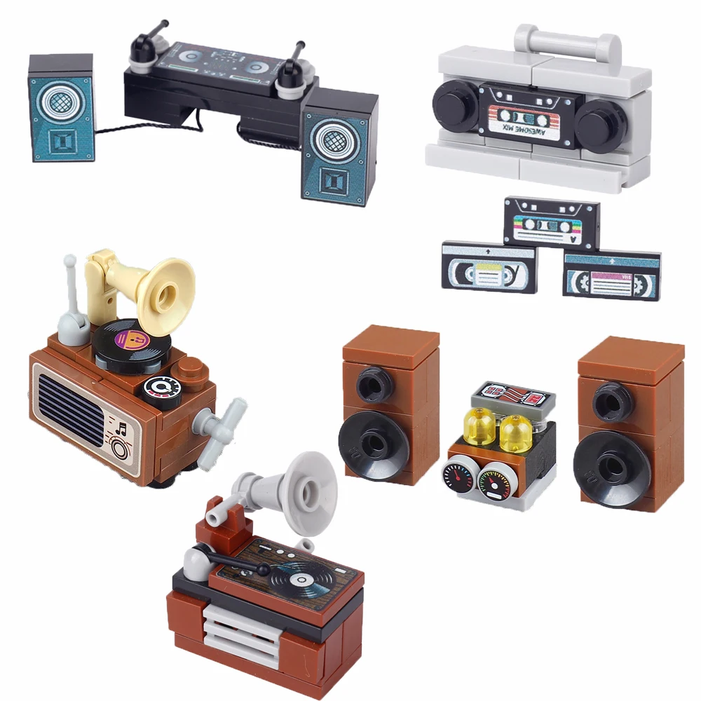 

MOC City Music Building Blocks Set: Street View DJ Station & Jukebox Recorder Model Kit, DIY Bricks Accessories