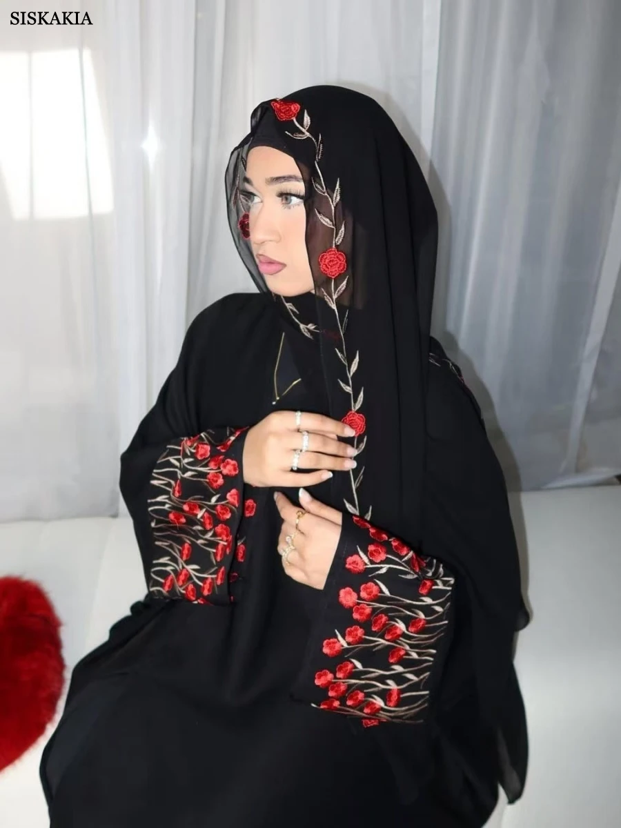 Siskakia イスラム教徒の花柄刺繍オープンアバヤファッションドバイエレガントカジュアルカフタンヒジャブ付属