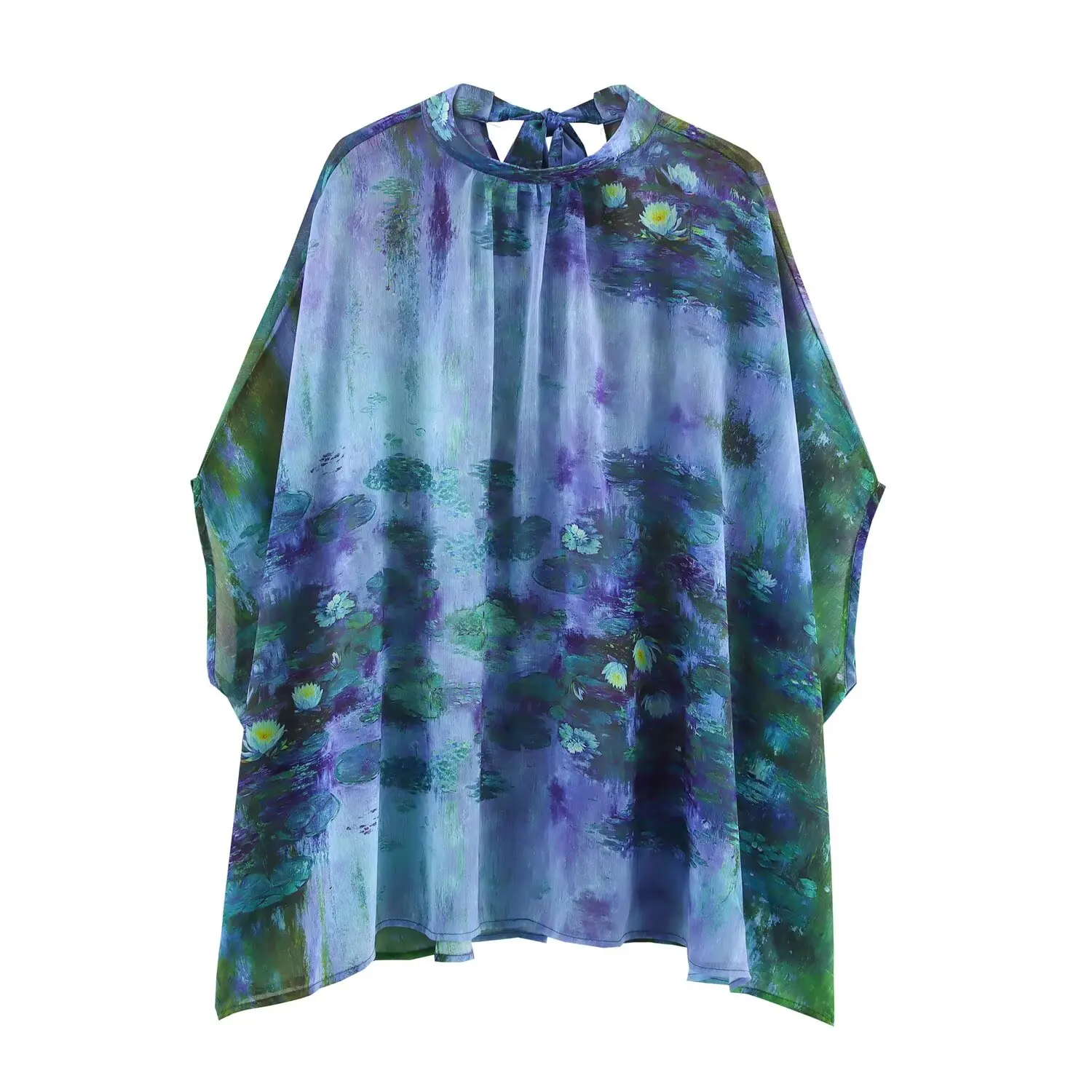 Csa Casual Estampada Fena com Caimento Solto, Manga Morcego, Amarração nas Costas, Top Versátil Estilo Urbano, Fibra d...