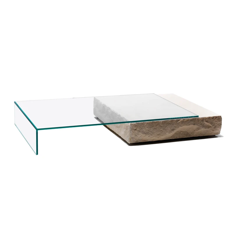 

Modern simple wabi sand wind travertine coffee table Italian light luxury designer glass short table creative square combination